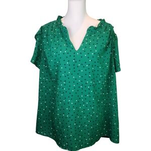 41 Hawthorn Green Polka Dot Ruffle V-Neck Flutter Sleeve Blouse 1X